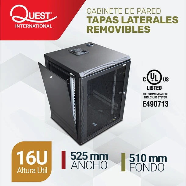 Gabinete Rack de Pared Tapas Laterales Removibles de 16U con Puerta en vidrio • Color: Negro