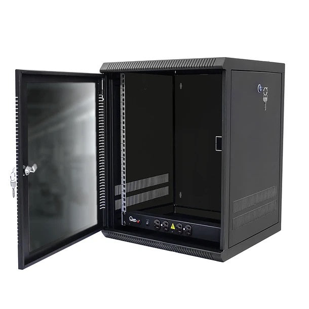Gabinete Rack de Pared Tapas Laterales Removibles de 16U con Puerta en vidrio • Color: Negro