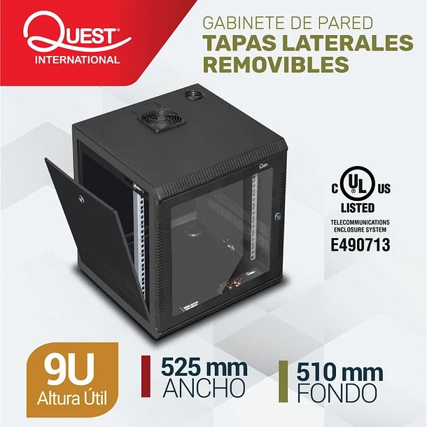 Gabinete Rack de Pared Tapas Laterales Removibles de 9U con Puerta en vidrio • Color: Negro