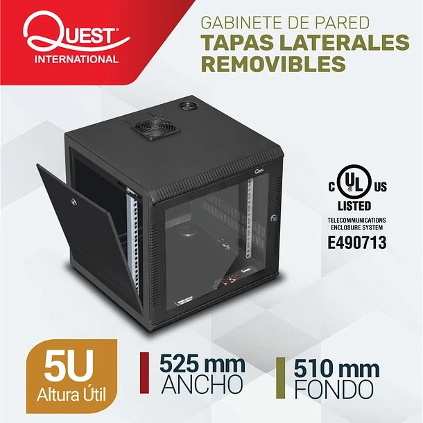 Gabinete Rack de Pared Tapas Laterales Removibles de 5U con Puerta en vidrio • Color: Negro