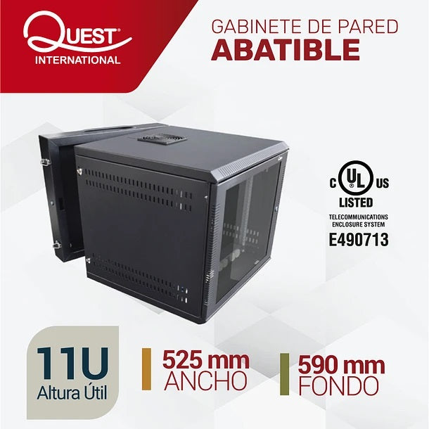 Gabinete Rack de Pared Abatible de 11U con Puerta en vidrio • Color: Negro