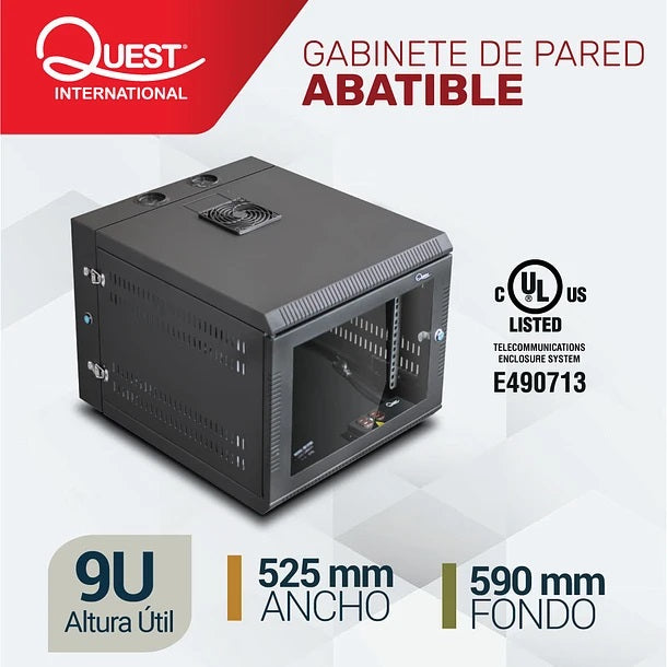 Gabinete Rack de Pared Abatible de 9U con Puerta en vidrio • Color: Negro