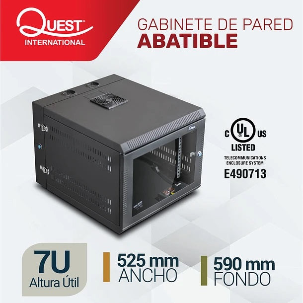 Gabinete Rack de Pared Abatible de 7U con Puerta en vidrio • Color: Negro