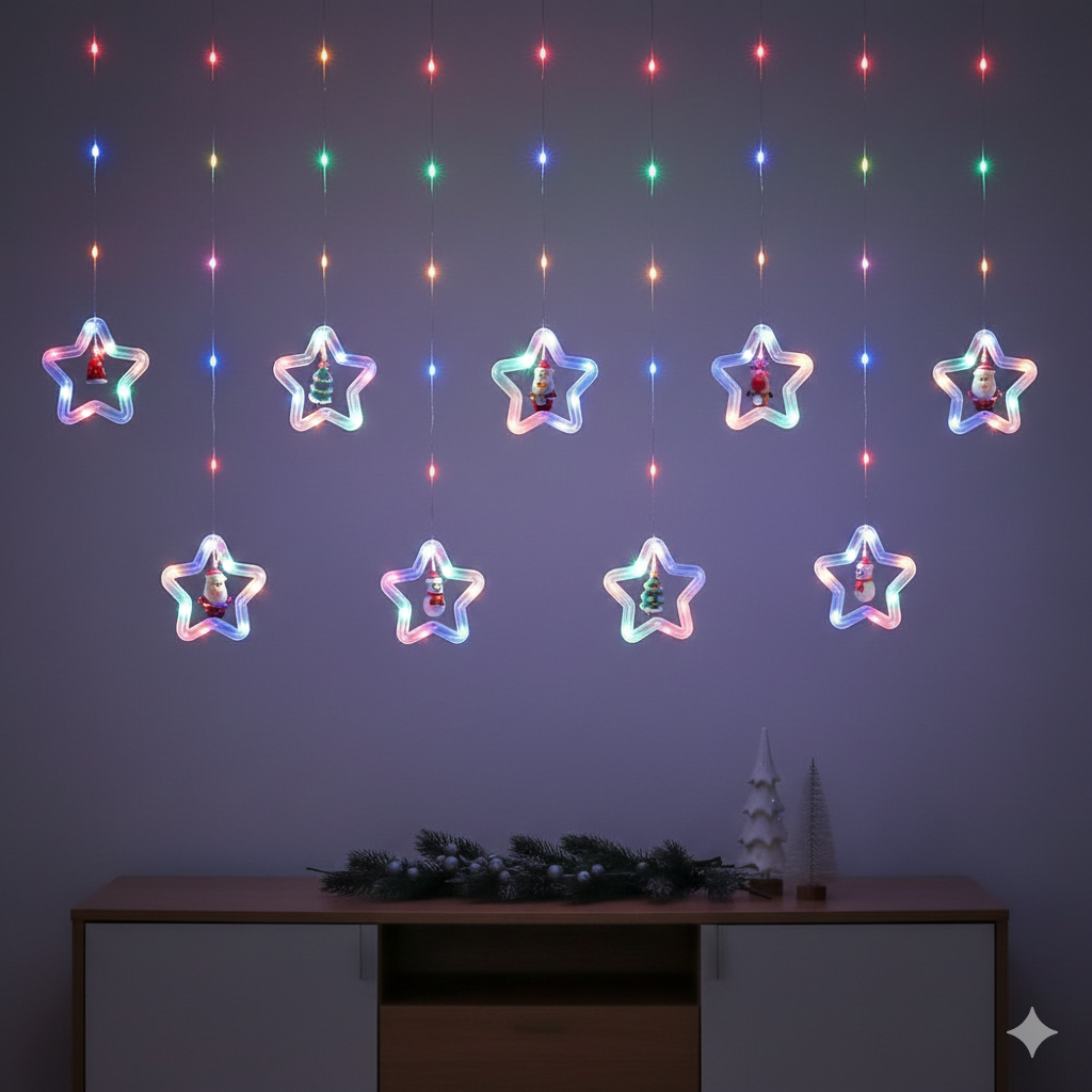 Extensión cortina de 110 luces con continuidad 1 metro de caída, 10 estrellas transparentes con figuras navideñas