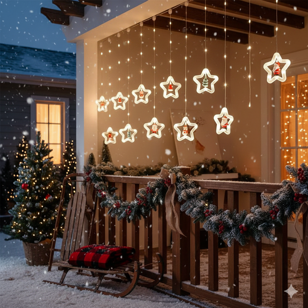 Extensión cortina de 110 luces con continuidad 1 metro de caída, 10 estrellas transparentes con figuras navideñas