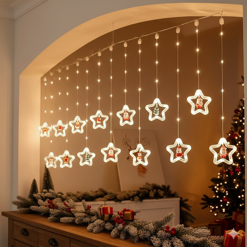 Extensión cortina de 110 luces con continuidad 1 metro de caída, 10 estrellas transparentes con figuras navideñas