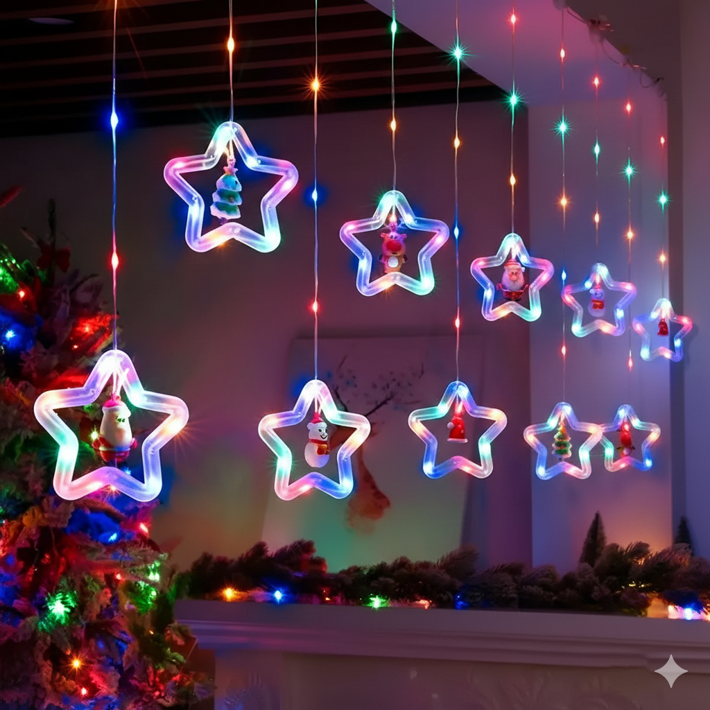Extensión cortina de 110 luces con continuidad 1 metro de caída, 10 estrellas transparentes con figuras navideñas